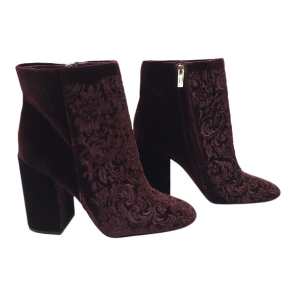 Jessica Simpson Wovella Velvet Embroidered Ankle Boots Women 9 Maroon Wine Block - Picture 13 of 16